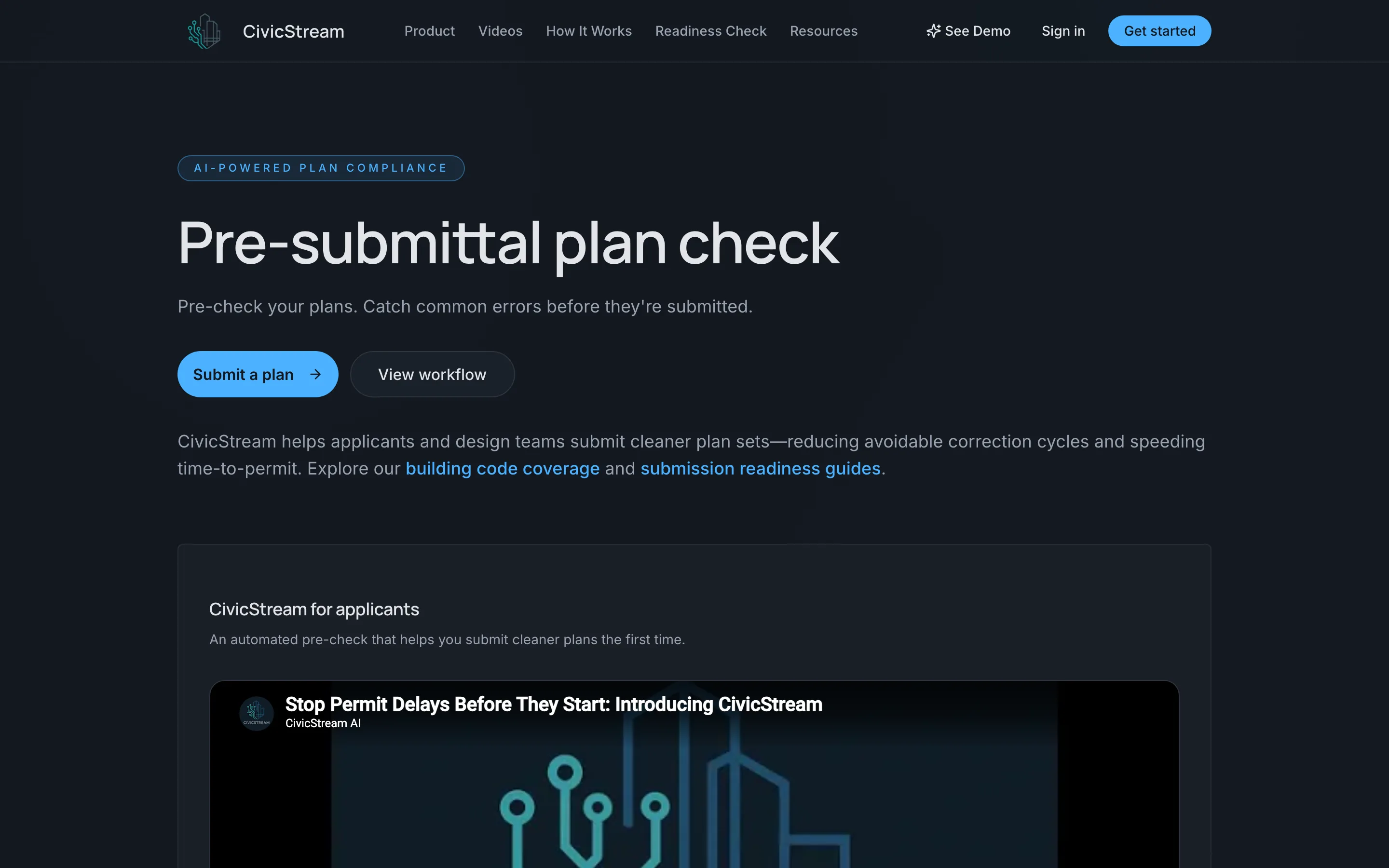 CivicStream homepage hero with the headline Pre-submittal plan check, an AI-powered plan compliance badge, and buttons to submit a plan or view the workflow