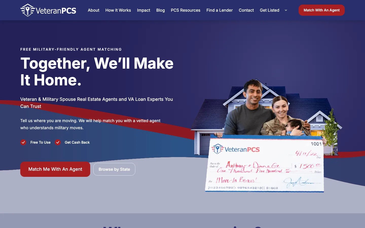 VeteranPCS homepage matching military families with veteran and military spouse real estate agents