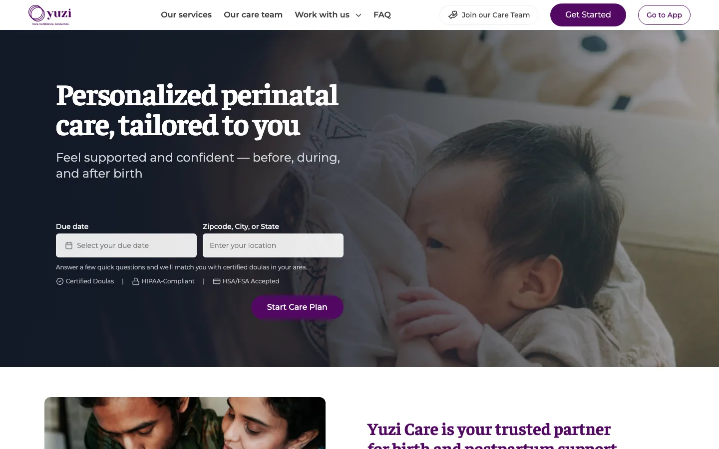 Yuzi Care homepage with due date and location matching for personalized perinatal care